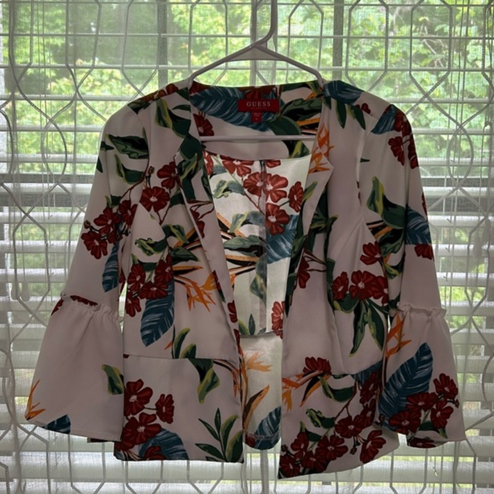 Guess White Floral Print Ruffle sleeves Jacket Size Small